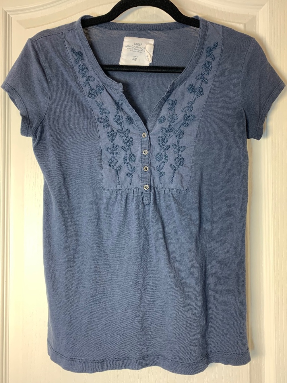LOGG by H&M Navy Embroidered Boho Top Short Sleeve Soft Blouse S